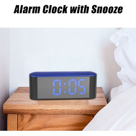 Thermomètre électronique, miroir, réveil numérique avec fonction snooze (coque bleue, chiffres bleus) (1/5)