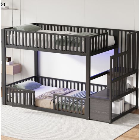 Cama litera 90x200 cm con LED, escalera de almacenamiento, en metal, negro, sin colchón (1/5)