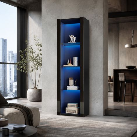 Schwarzer Hochglanz-Vitrinenschrank mit LED-Beleuchtung, 3 Glasfächer, 5538166cm, Vitrine, Stehschrank, Hochschrank, Lagerschrank (1/5)