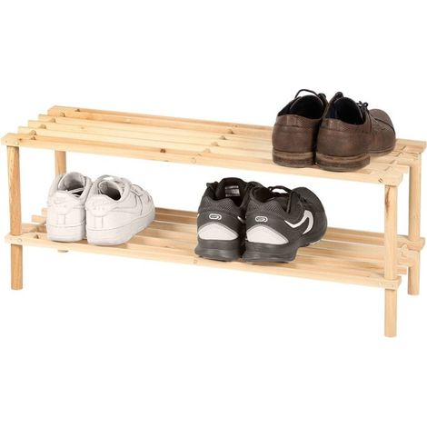 Etagère range chaussures 2 niveaux – Bois naturel – Dimensions L. 73,5 x P. 26 x H. 30 cm – Meuble d'entrée à assembler – Fornord (1/3)