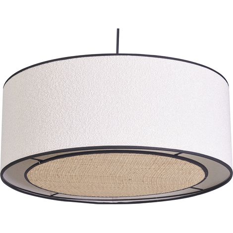Lampada a sospensione cilindrica in tessuto effetto lana bouclé bianco e rafia naturale D50 cm TRAVES