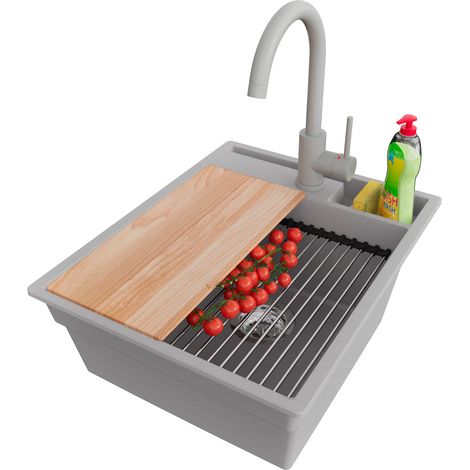 PRIMAGRAN Evier Cuisine en Granit 43x53cm,Lavabo 1 bac + Robinet 32x20cm + Kit de Vidage + Accessoires, Évier à Encastrer au meuble 45cm - Oslo Pocket, Gris (1/5)