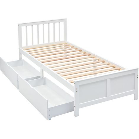 Lit en bois, lit enfant, lit adulte avec tiroirs de rangement, pin, blanc, 90x200 cm (1/5)