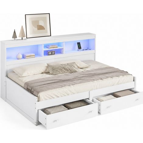 Letto daybed 90x200 cm con 2 cassetti, USB, prese di ricarica e luce LED ambientale, bianco, in pannello truciolare e MDF, ideale per piccoli spazi – CHICFURN (1/5)