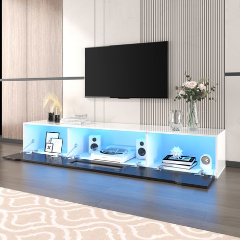 Meuble TV 180x30x35, brillant, LED à couleurs changeantes, salon, moderne, espace de rangement, blanc + noir (1/5)