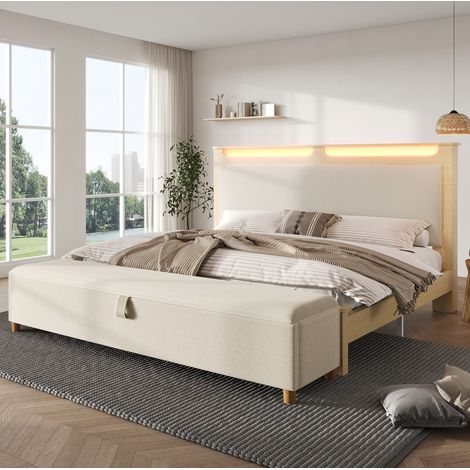 DESVIAE Lit double 180 x 200 cm avec tête de lit à rangement éclairage LED banc coffre beige et décor chêne clair (1/5)