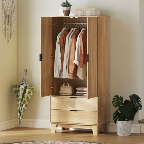 Armario de dormitorio con 2 puertas de cierre suave, 2 cajones y barra para colgar ropa, 80x50x180cm, madera natural.