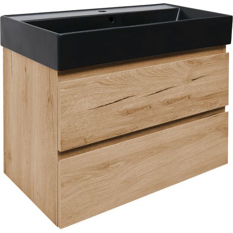 Ensemble meuble avec vasque SAT - B-Way - suspendu 79×50×45 vasque 80,5×46,5 noir mat - Chêne (1/2)
