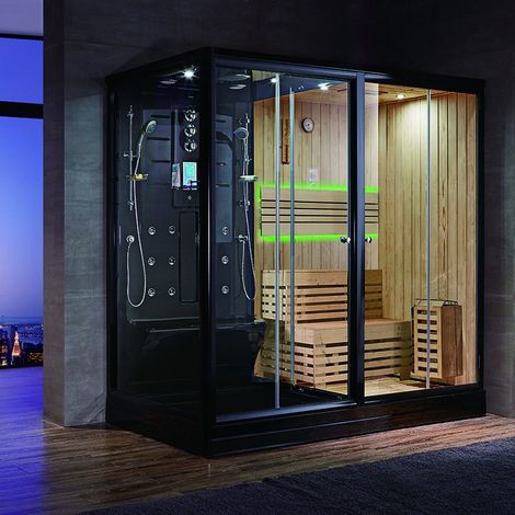 Boreal Sauna – Combi sauna douche hammam 220x120x220H cm – 2 à 4 personnes – Poêle 3000W – Chromothérapie et Bluetooth