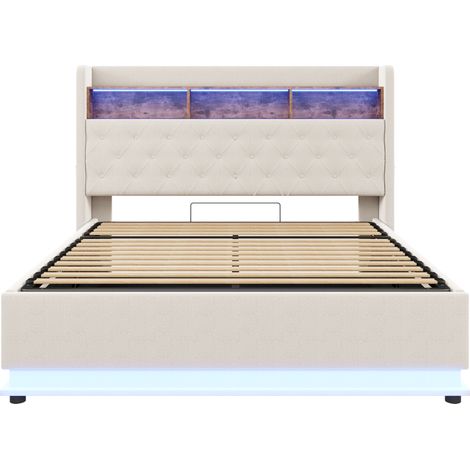 Lit rembourré LED 180 x 200 cm, lit de rangement rembourré avec port de charge USB et rangement hydraulique, tissu en lin doux pour la peau, beige (1/5)