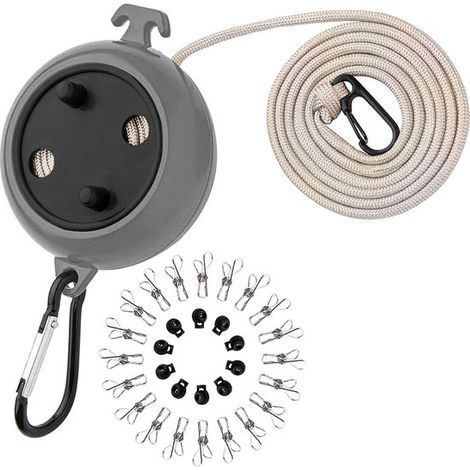 Étendoir mural extensible – 10 m – 10 boucles + 20 pinces – Noir – Camping et intérieur (1/5)