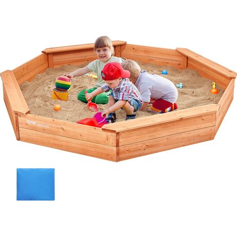 Bac à sable en bois avec couvercle, 1920 x 1920 x 230 mm, bac à sable octogonal avec 4 sièges et doublure inférieure, pour jardin extérieur, plage, parc, cadeau pour garçons filles de 3 à 12 ans (1/5)