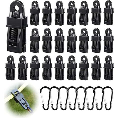 32 Pièces Attache Bache Piscine Set, 24 Pince pour Bache et 8 Mousqueton, Fixation Bache pour Camping, Carvanes, Pique-Nique (1/4)