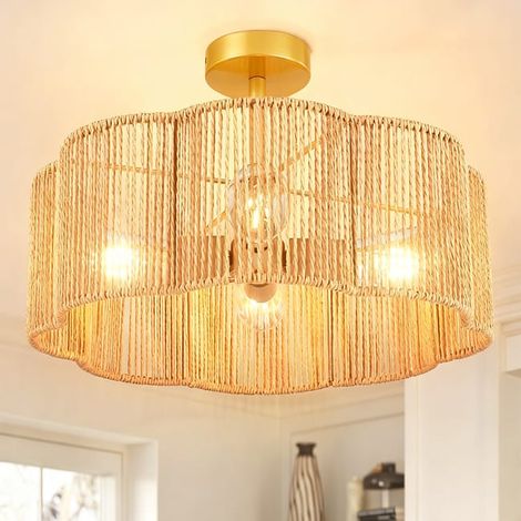 Plafonnier en osier, lustre de style bohème, lustre avec ampoule, plafonnier de style wabi-sabi. (1/5)