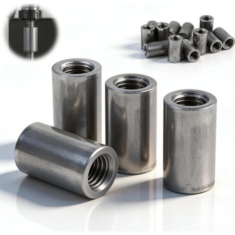 12 Pièces Manchon Filetée Rond M8x10x30 mm Manchons Filetés Ronds Acier au Carbone Écrous de Connexion Ronds Écrous de Raccordement M8 Filet Couplage pour Tiges Filetées Vis et Boulons (1/5)