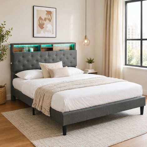 Doppelbett 140x200 cm grau aus Massivholz, Leinen und Metall mit Stauraum-Kopfteil und LED-Beleuchtung (1/5)