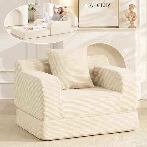 WUMAGIN - Canapé convertible - 1 Place - 100x170x67cm - Apportez un coussin - Conception ergonomique - Tissu en velours côtelé - Aucun assemblage requis - Pour Salon, Chambre - Blanc