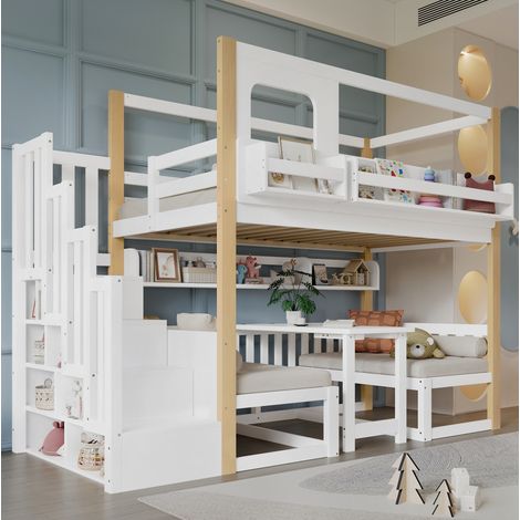 Letto a castello per bambini in legno massello e MDF bianco e naturale, 90x200 cm, con scaletta contenitore e tavolo a scomparsa. (1/5)