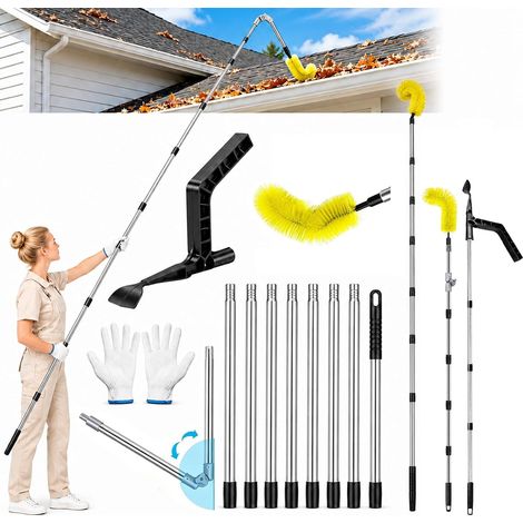 Outils de nettoyage de gouttière télescopique de 4 m avec brosse, pelle à feuilles et gants, kit de poteau de nettoyage de gouttière de toit extensible, angle réglable pour enlever les débris (1/5)