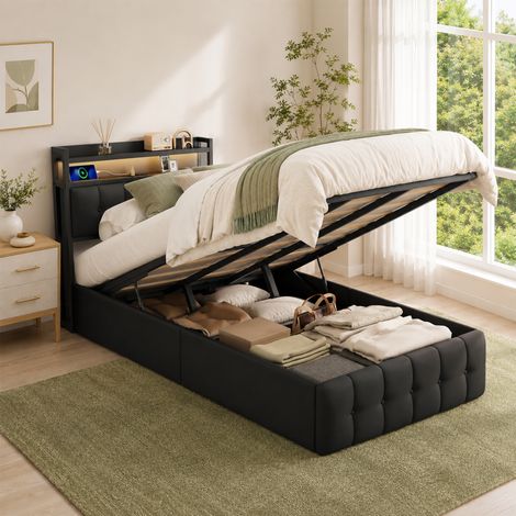 Lit Coffre 90x200 cm adulte avec tête de lit de rangement,éclairage LED, USB,système de levage hydraulique,tissu en PU Noir,Lit 1 place,Lit simple rembourré,sommier à lattes (1/5)