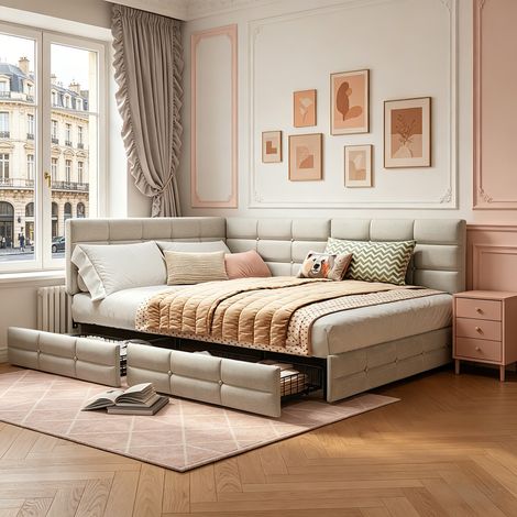 Canapé Lit Coffre 140 x 200cm avec Éclairage LED et Prise USB/Type-C, Lit Double avec 2 Tiroirs de Rangement, Sommier à Lattes, Lin, Beige (1/5)