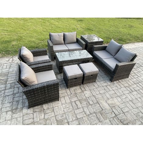 Fimous 8-Sitzer Dunkelgrau Gemischt Hoher Rücken Rattan Sofa Set Couchtisch Gartenmöbel Sitzgruppe mit Liebes-Sofa Lehnstuhl Beistelltische 2 Kleiner Fußhocker (1/5)