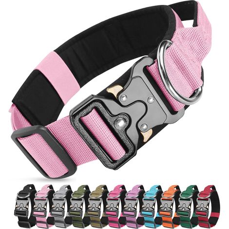 Collier de Chien Tactique, Militaire Collier Réglable Nylon Chien avec Poignée, Colliers pour Chiens Rembourré avec Boucle en Métal pour Chiens de Taille Moyenne Grand Entraînement (Rose, L) (1/5)