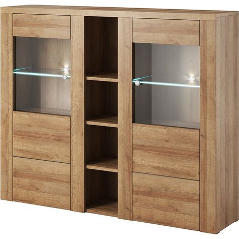 Meublorama – Vaisselier 2 portes chêne MDF – Dimensions 155x130x37 cm – Design moderne avec portes vitrées – Collection SANTIAGO