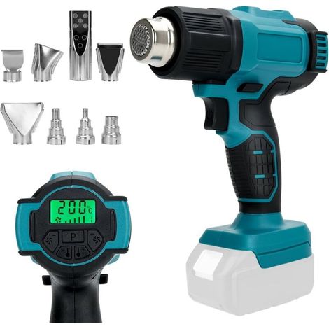 Pistolet thermique compatible avec batterie Makita 18V (non incluse), température et vitesse du vent réglables jusqu'à 550°C, écran LCD
