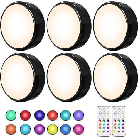 Lot de 6 éclairages LED sous meuble multicolores avec télécommande et minuterie - Éclairage à piles noir pour cuisine (1/5)