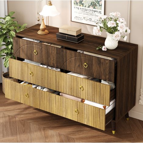REDOM - Buffet 120x40x81cm Double veinage rétro MDF et panneau de particules Pieds coniques en bois Naturel (1/5)