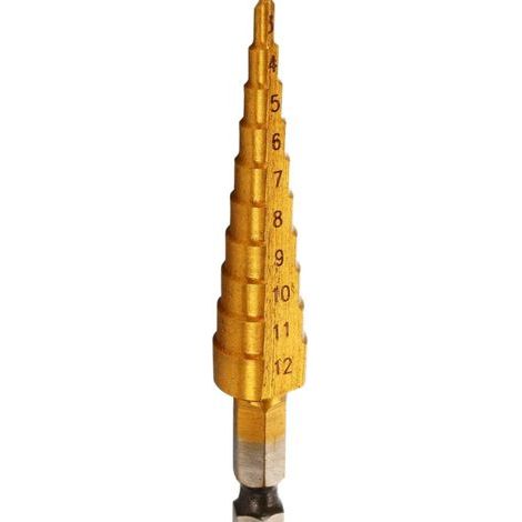 GENERIC-Foret a etage,Haute Vitesse En Acier Titanium Foret Etagé Cone Fraise Tige 3-12mm 10 étapes Rondes Shank Straight Flute Step Drill Cut Holes Tool Pour Visseuse Percage sur Acier Laiton Bois Pl (1/5)