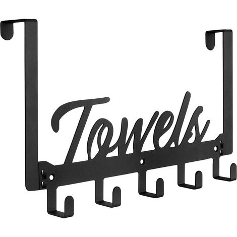 5 Hooks, RAPANDA Over Door Towel Rack with Heavy Duty Manganese Steel Hanger for Bathroom Bedroom Kitchen, No Drilling, Black (1/5)