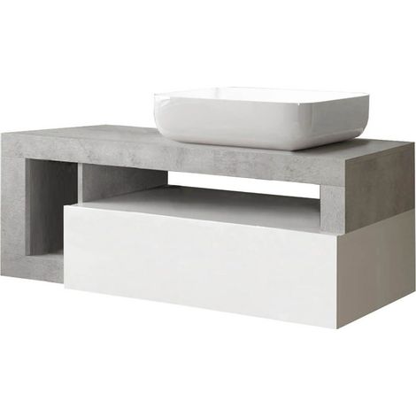 ARTURO - Meuble Vasque 110cm suspendu 1 tiroirs blanc laqué et aspect aspect béton
