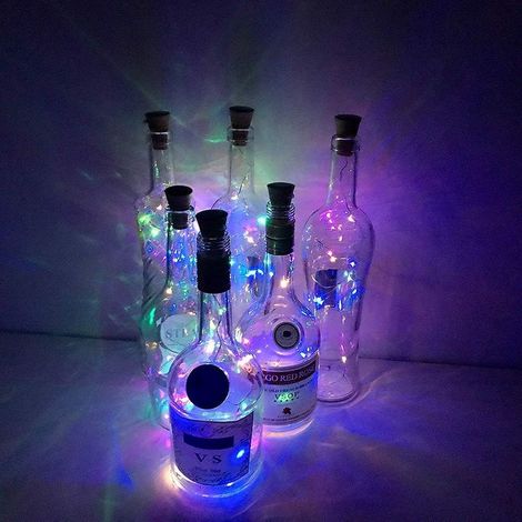Luces para botellas de vino con corcho, paquete de 6, 20 LED, 2 metros (6.5 pies), cable de cobre plateado, luces de cuerda a pilas para decoración del hogar, ideales para fiestas de cumpleaños DIY. (1/5)