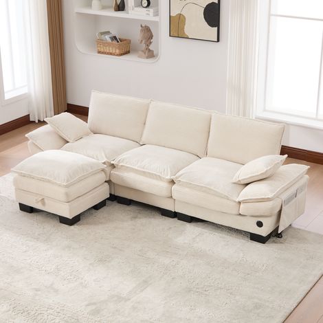 Canapé modulable 260x132x84 cm – canapé xl 3 places avec coffre sous assise pouf poches usb-c et prise – velours côtelé – beige (1/5)