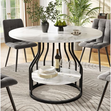 Table ronde 80x80x76 cm, table à manger 4 personnes, plateau MDF, piétement métal avec rangement, balnc et noir (1/5)