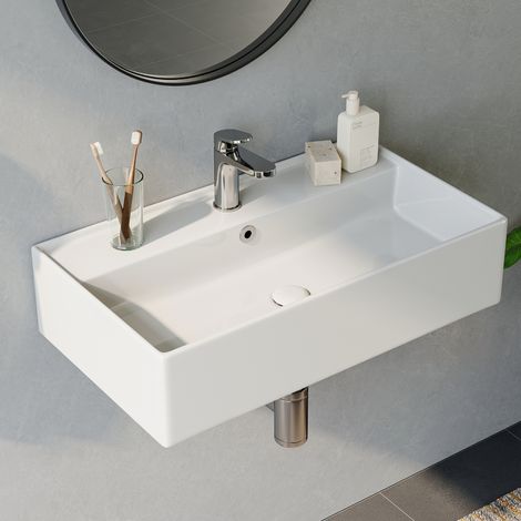 HOROW Lavabo sospeso da bagno in ceramica, 55 cm, rettangolare, da parete o da appoggio, con bordo sottile e foro per rubinetto (1/5)