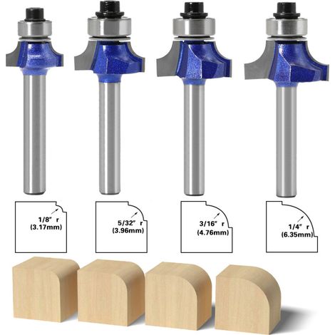 Set professionnel de 4 fraises à angle rond avec 6 poignées – chanfreinage, rainurage, fraisage bois, pour machine à rogner (1/5)