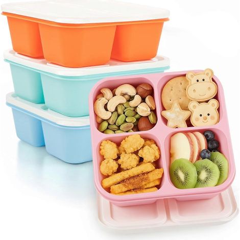Boîtes à lunch Bento adultes - Lot de 4 contenants 4 compartiments réutilisables empilables sans BPA, rose orange bleu vert, pour maison et travail (1/5)
