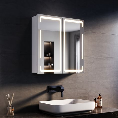 SONNI Armadietto Specchio da Bagno LED 59x60x14cm con Antiappannamento Illuminazione a Tre Colori Design a Due Porte Armadietti di Stoccaggio con Design a Cerniera Senza Fili e Presa di Corrente (1/5)