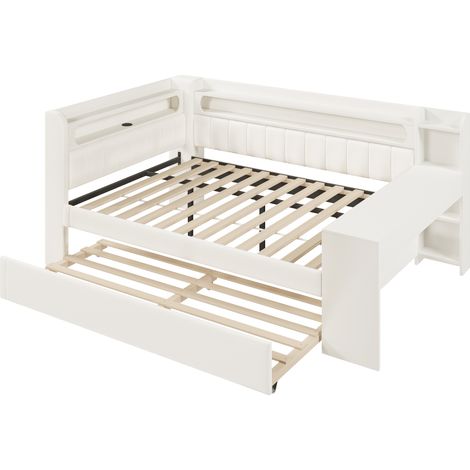 Canapé-lit 140x200 avec USB, LED, lit escamotable et bureau, blanc