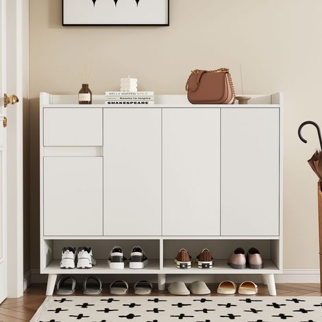 Meuble à chaussures 4 portes 1 tiroir 2 niches 120x35x99cm décor blanc