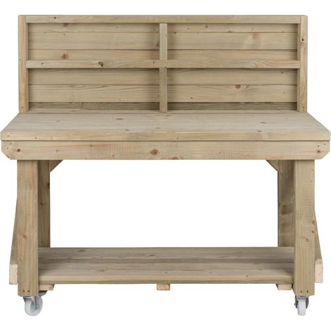 Indoor/outdoor workbench pressure treated station (H-90cm, D-64cm, L-150cm) with back panel and wheels