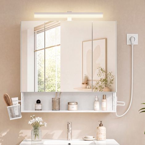 Meuble de Salle de Bain avec Éclairage LED, Multiprise, Panier Suspendu, Support pour Sèche-cheveux, pour Lavabo, Blanc (1/5)