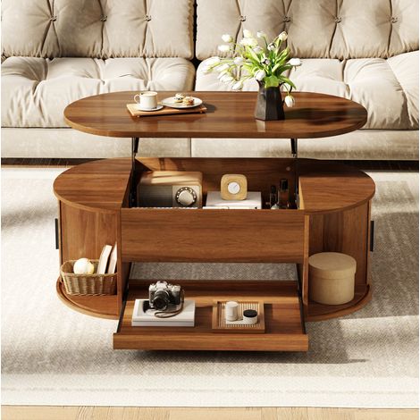 Tavolino da caffè elevabile 110x55x55 cm, con contenitore nascosto, ante scorrevoli laterali, MDF noce (1/5)