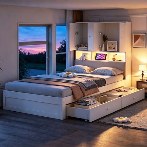 Cama individual 90/200 cm con almacenaje, LED y enchufe, cabecero acolchado (1/5)