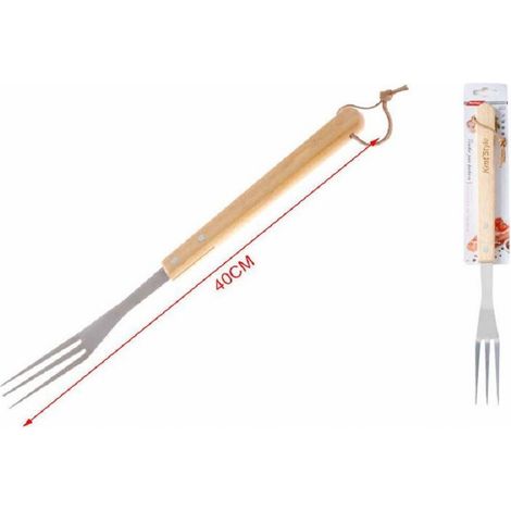 Trade Shop - Forchettone 3 Rebbi Per Barbecue Grigliata 40cm In Acciaio Manico Legno 2406328 - (1/2)