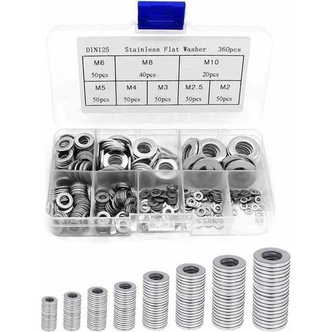 360PCS Rondelles Plates en 304 Acier Inoxydable Assortiment, Rondelles metal, Joint vidange, Rondelles gonds de porte, Rondelles assortiment de lave-mains (M2 M2.5 M3 M4 M5 M6 M8 M10), Ensoleillé (1/5)