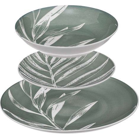 Service vaisselle 18 pièces en porcelaine – 6 assiettes plates 26,5 cm, 6 assiettes creuses 20 cm, 6 petites assiettes 19 cm – Compatible micro-onde et lave-vaisselle – Secret De Gourmet